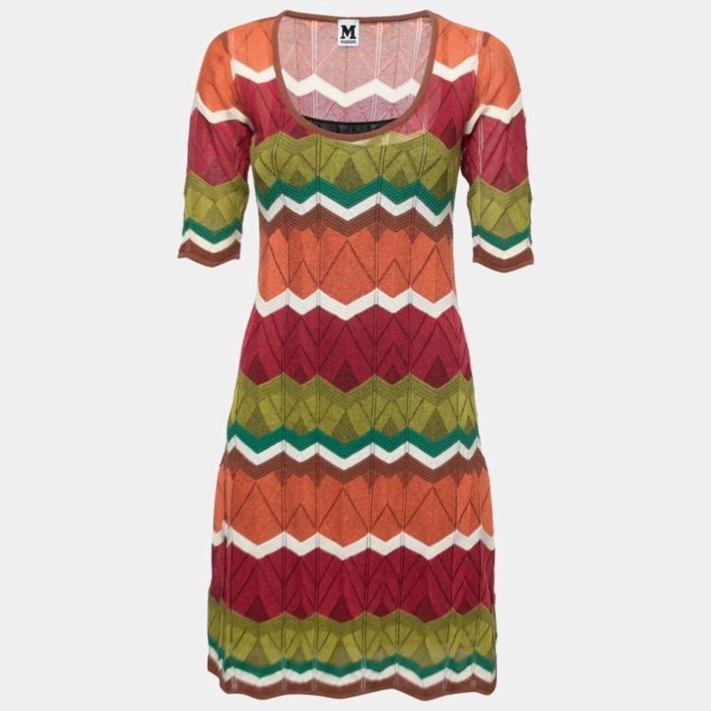 Missoni M Multicolor Chevron Patterned Knit Flared Cotton Blend Dress Size S US